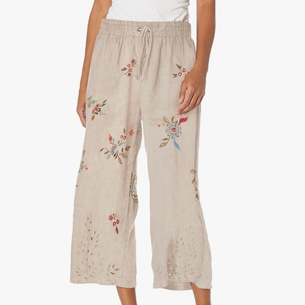 Johnny Was L white Embroidered linen lounge pants drawstring and elastic waist - Picture 4 of 8
